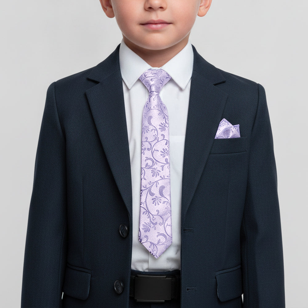 Pre Tied Lavender Floral Boys Tie and Pocket Square Set Age 4-7