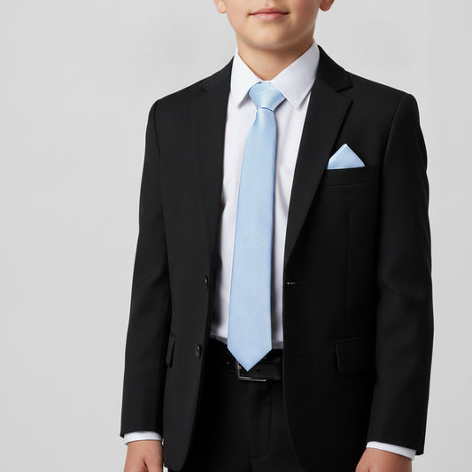 Plain Light Blue Silk Skinny Boys Tie and Pocket Square Set