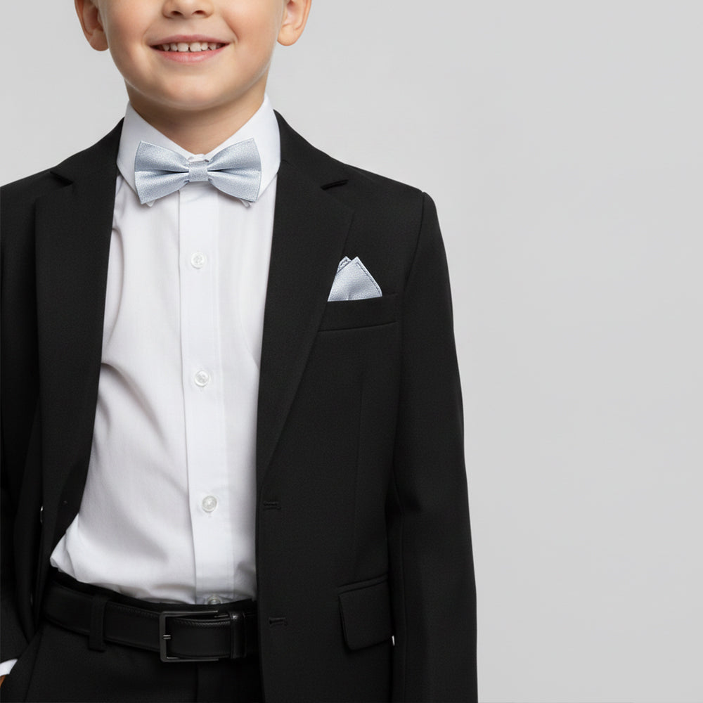 Pre Tied Light Blue Textured Silk Boys Bow Tie and Pocket Square Set Age 4-7