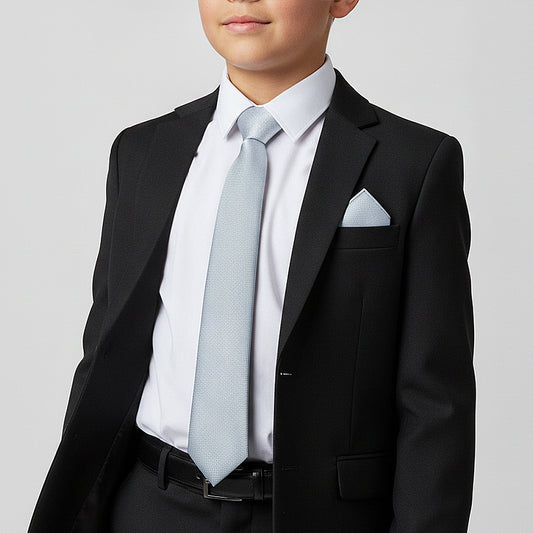 Plain Light Blue Textured Silk Skinny Boys Tie and Pocket Square Set