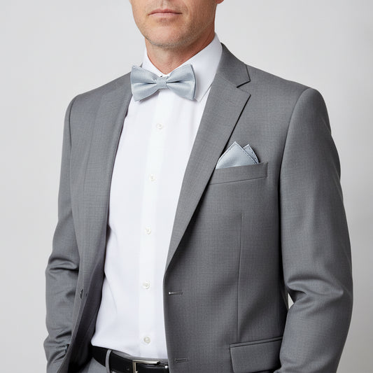 Plain Light Blue Textured Silk Mens Bow Tie and Pocket Square Set