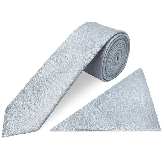 Plain Light Blue Textured Silk Skinny Mens Tie and Pocket Square Set
