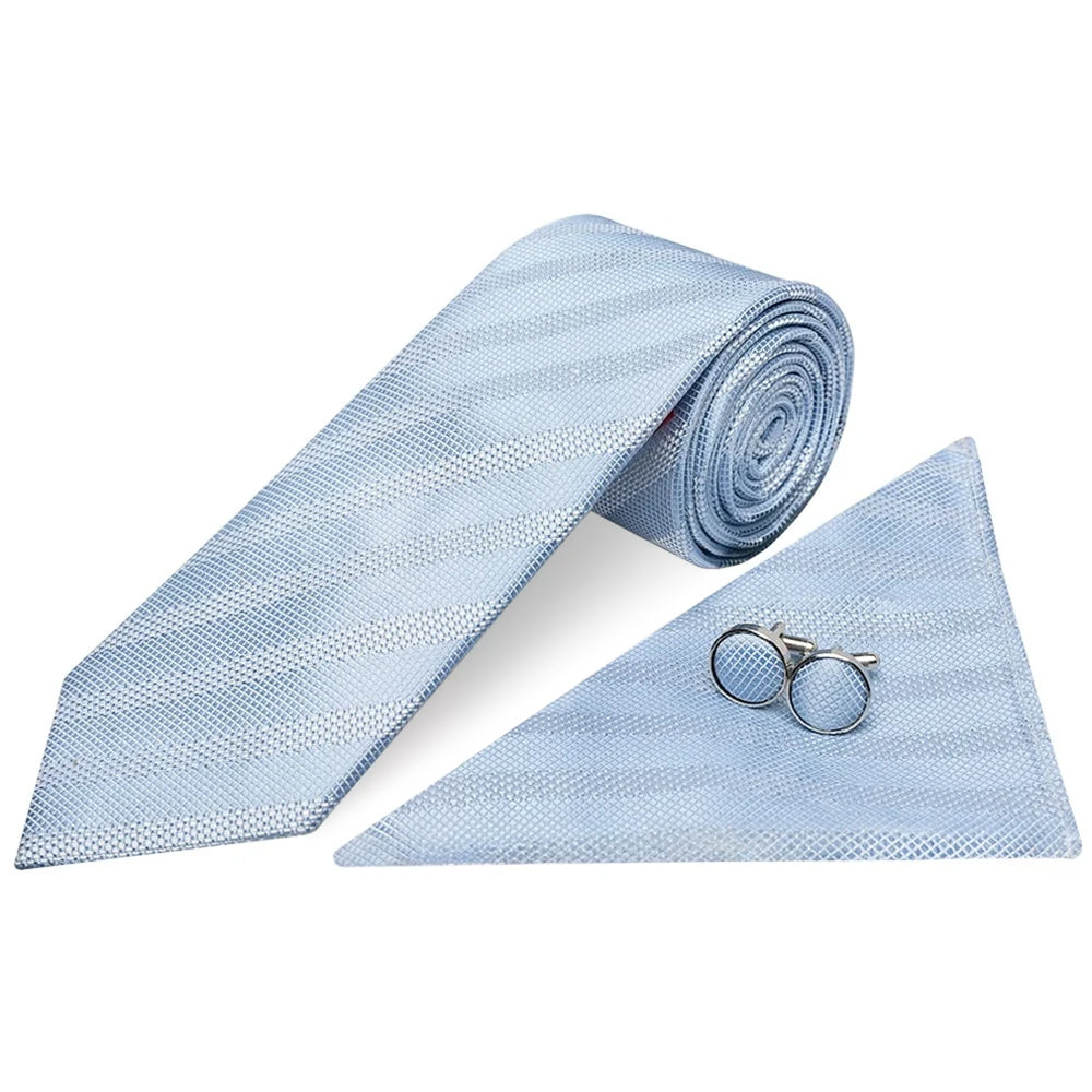 Mens Light Blue Textured Stripe Silk Classic Tie Pocket Square and Cufflink Box Set