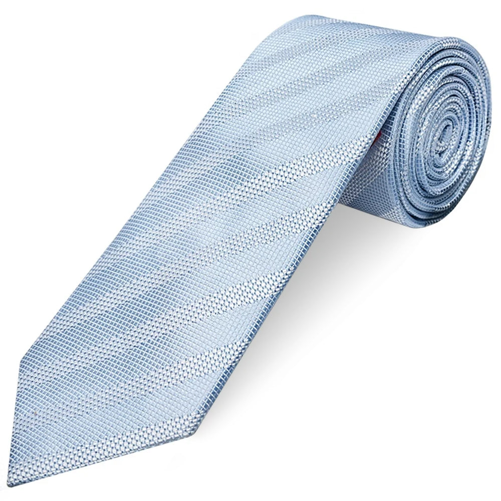 Mens Light Blue Textured Stripe Silk Classic Tie Pocket Square and Cufflink Box Set