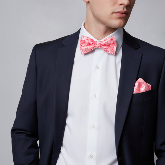 Light Coral Floral Handmade Mens Bow Tie and Pocket Square Set