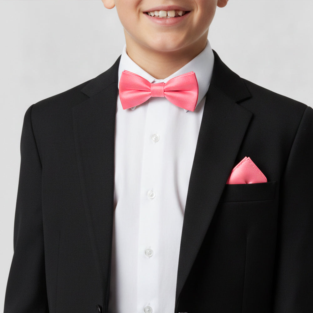 Pre Tied Light Coral Pink Satin Boys Bow Tie and Pocket Square Set