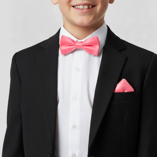 Pre Tied Light Coral Pink Satin Boys Bow Tie and Pocket Square Set