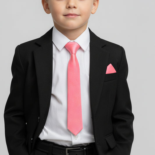Pre Tied Light Coral Pink Satin Boys Tie and Pocket Square Set Age 4-7