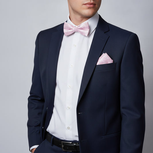 Light Dusty Pink Floral Handmade Mens Bow Tie and Pocket Square Set