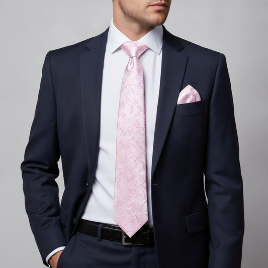 Light Dusty Pink Floral Classic Men's Tie and Pocket Square Set