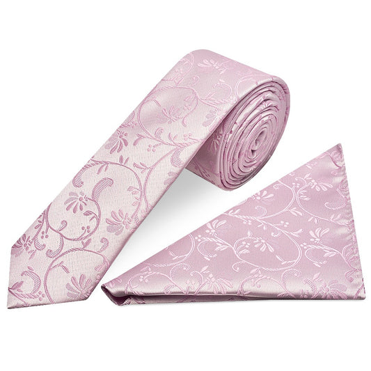 Light Dusty Pink Floral Skinny Men's Tie and Pocket Square Set