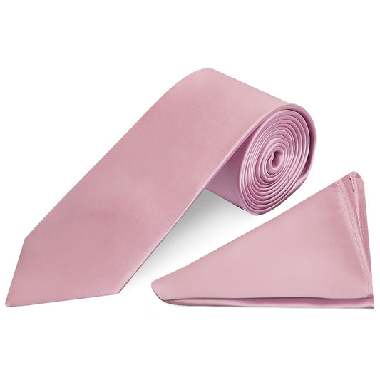 Plain Light Dusty Pink Satin Classic Mens Tie and Pocket Square Set