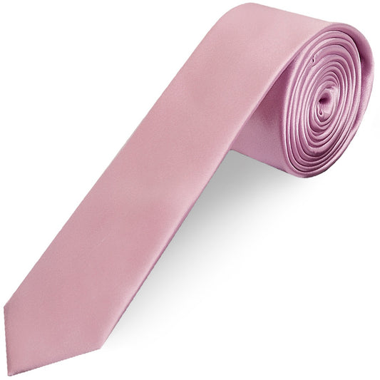 Plain Light Dusty Pink Satin Skinny Mens Tie and Pocket Square Set