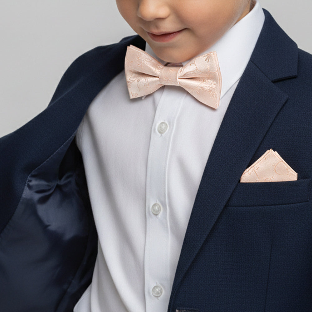 Pre Tied Light Peach Floral Boys Bow Tie and Pocket Square Set Age 4-7