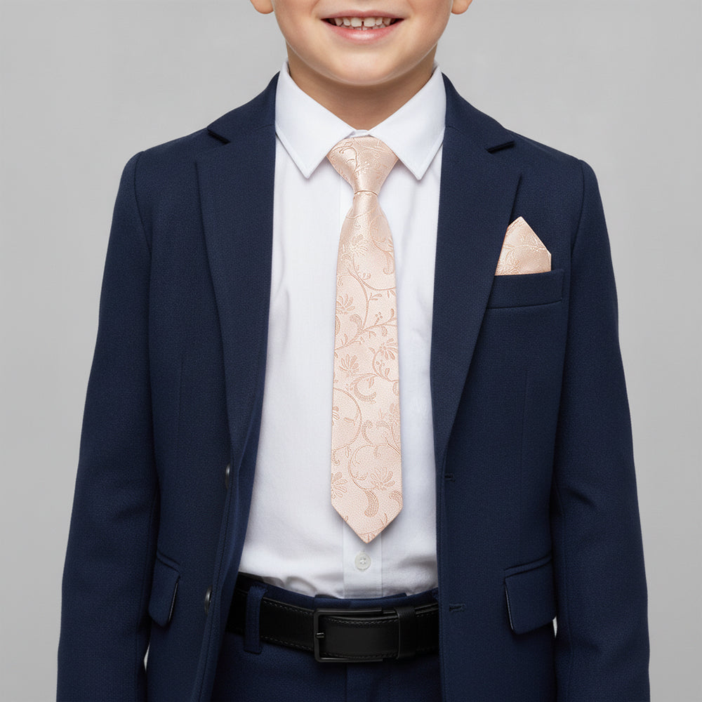 Pre Tied Light Peach Floral Boys Tie and Pocket Square Set Age 4-7