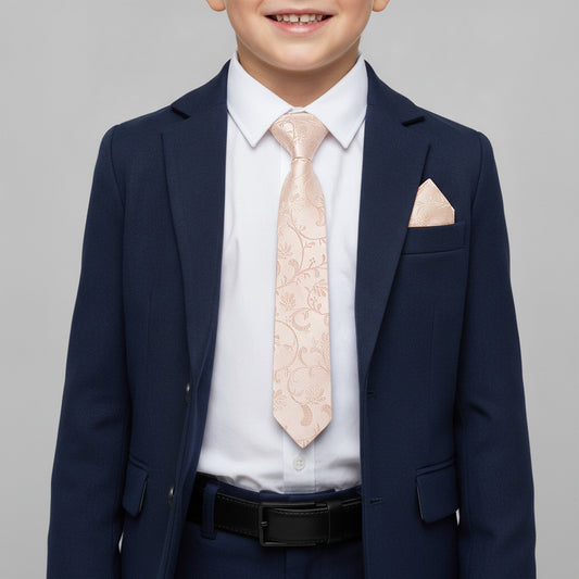 Pre Tied Light Peach Floral Boys Tie and Pocket Square Set Age 4-7