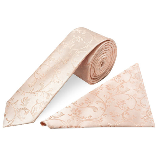 Light Peach Floral Skinny Boys Tie and Pocket Square Set