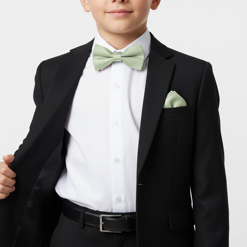 Pre Tied Light Sage Green Silk Boys Bow Tie and Pocket Square Set Age 8-11