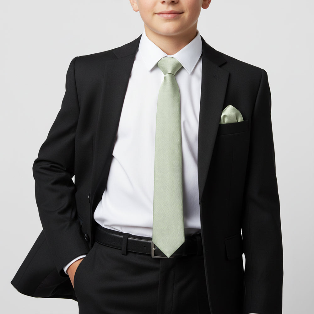 Plain Light Sage Green Silk Skinny Boys Tie and Pocket Square Set