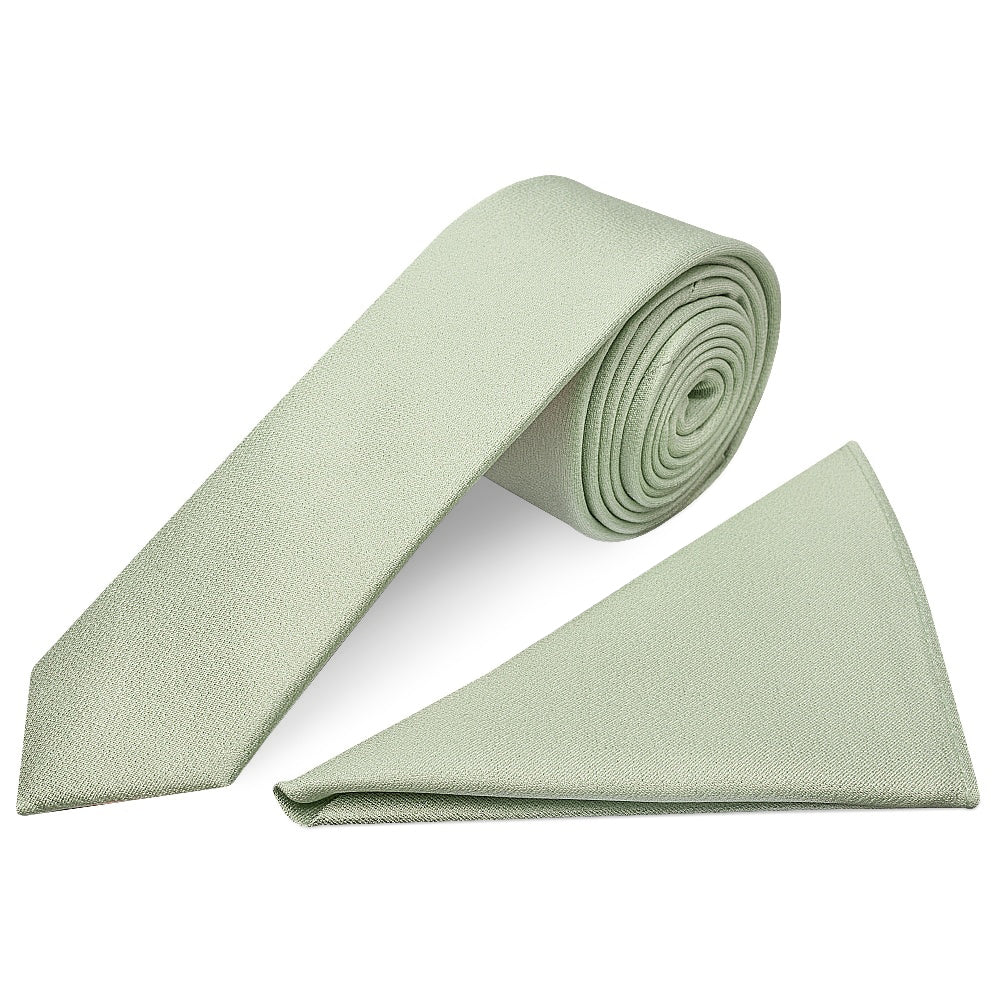 Plain Light Sage Green Silk Skinny Mens Tie and Pocket Square Set