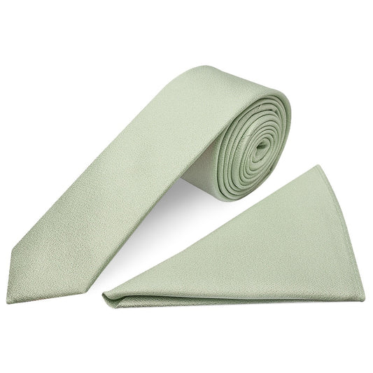 Plain Light Sage Green Silk Skinny Mens Tie and Pocket Square Set