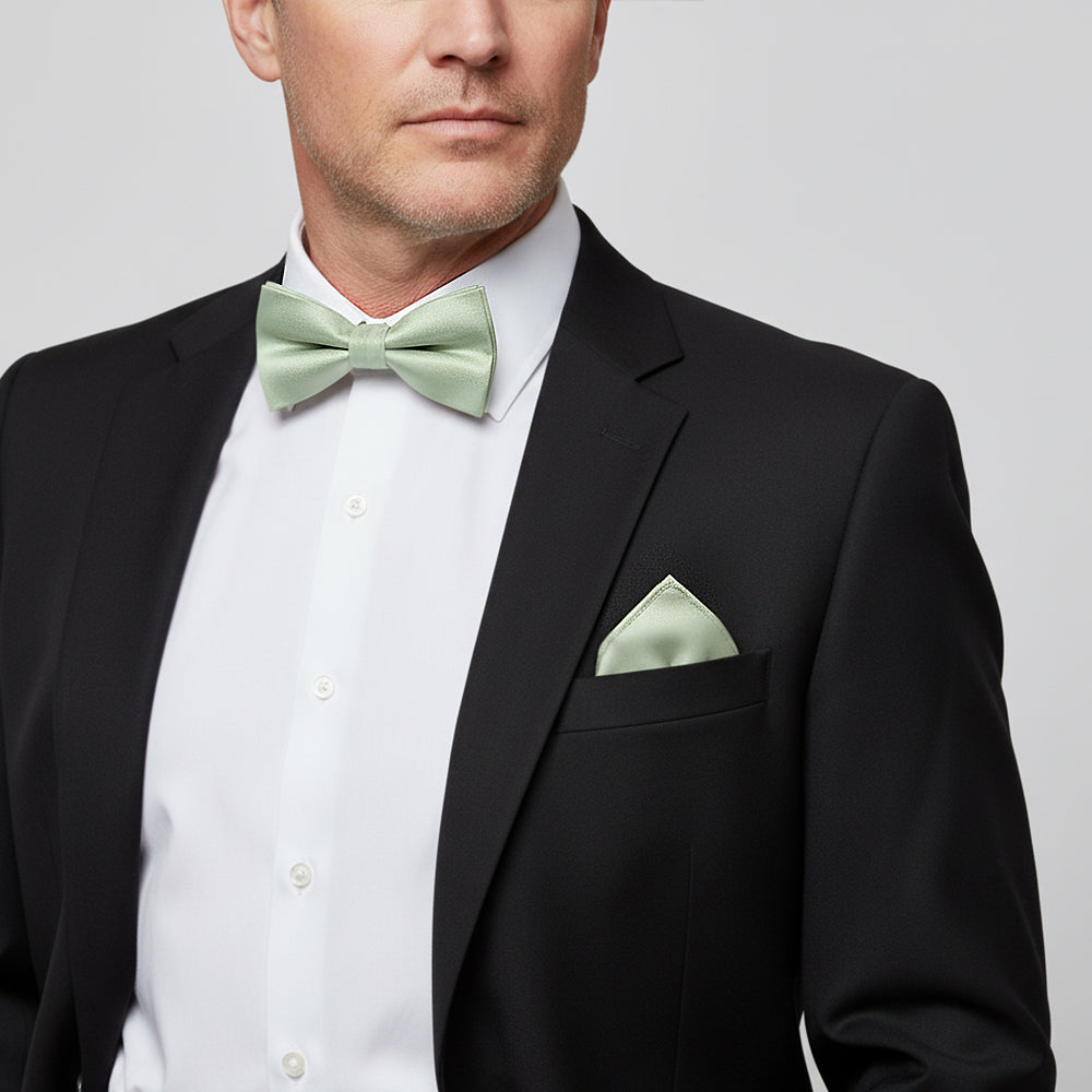 Plain Light Sage Green Silk Mens Bow Tie and Pocket Square Set