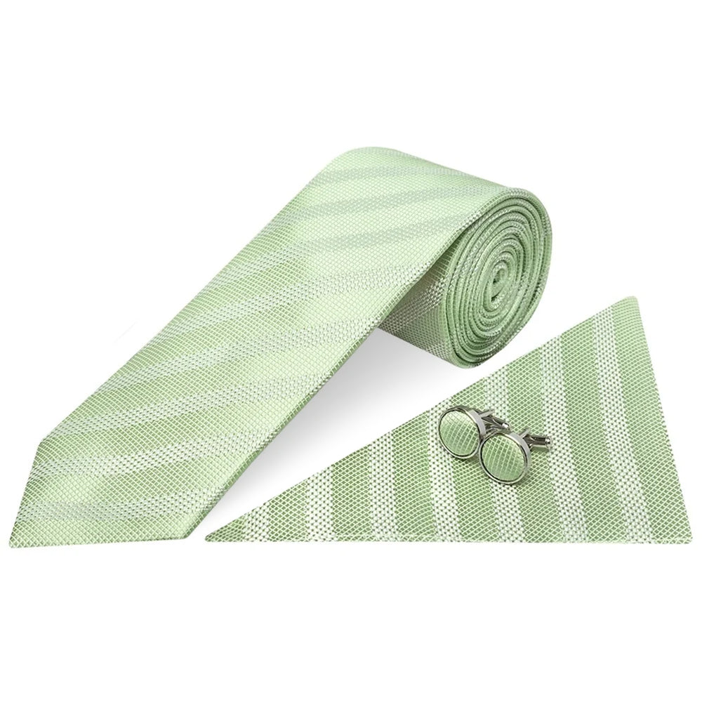 Mens Light Sage Textured Stripe Silk Classic Tie Pocket Square and Cufflink Box Set