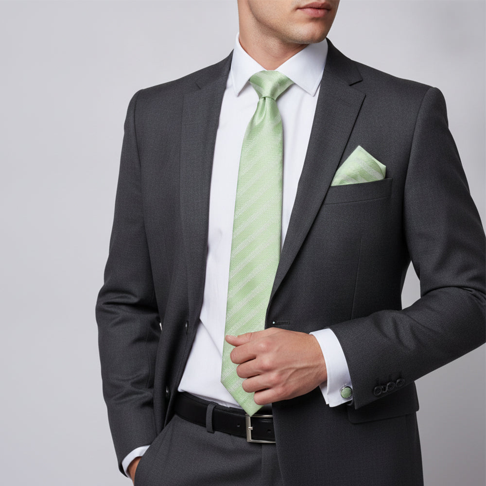 Mens Light Sage Textured Stripe Silk Classic Tie Pocket Square and Cufflink Box Set