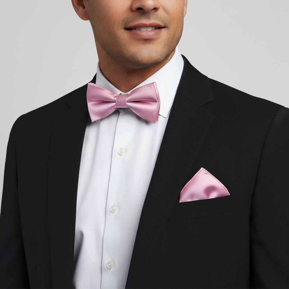 Plain Light Dusty Pink Handmade Mens Bow Tie and Pocket Square Set