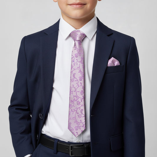 Lilac Floral Skinny Boys Tie and Pocket Square Set