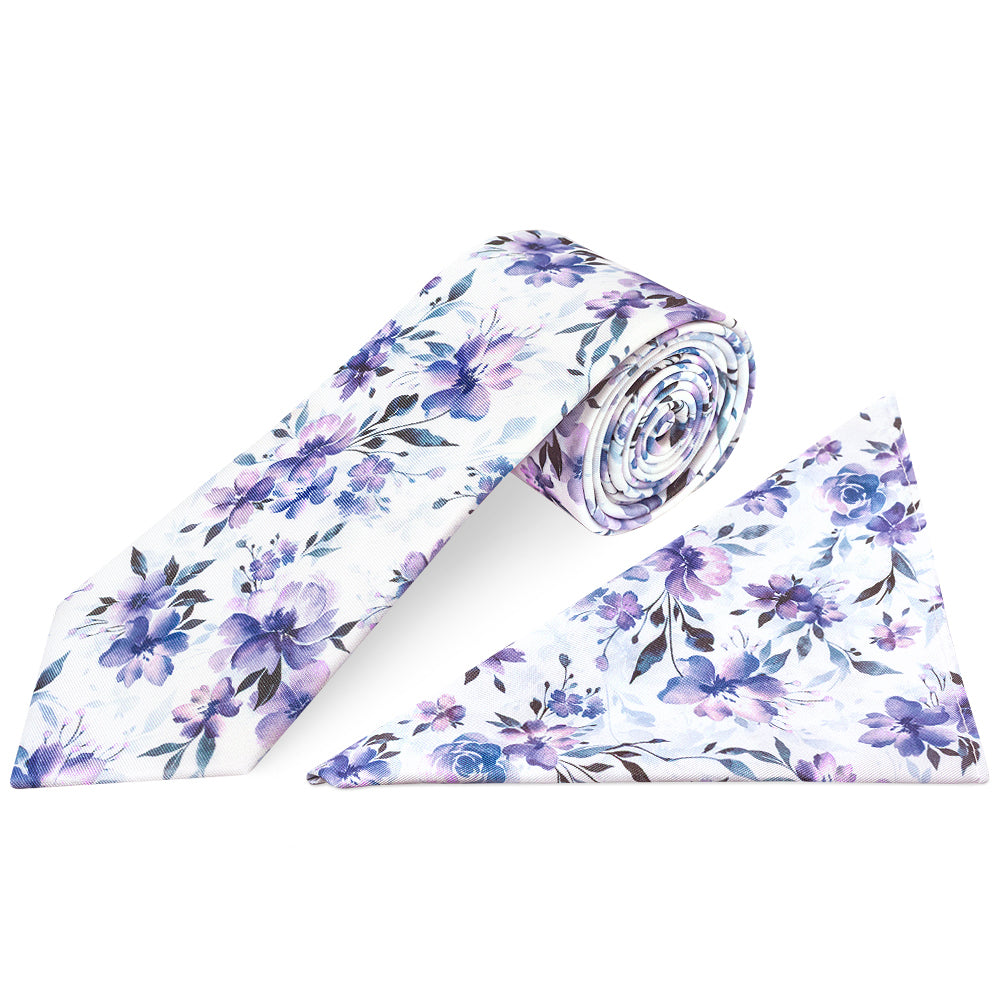 Mens Lilac Large Floral Classic Tie and Pocket Square Set