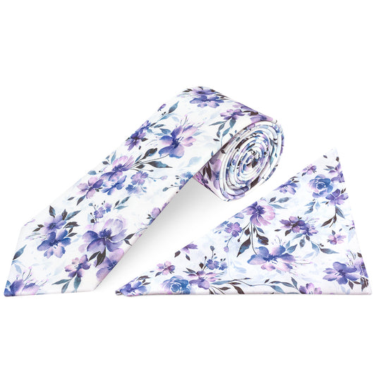 Mens Lilac Large Floral Classic Tie and Pocket Square Set