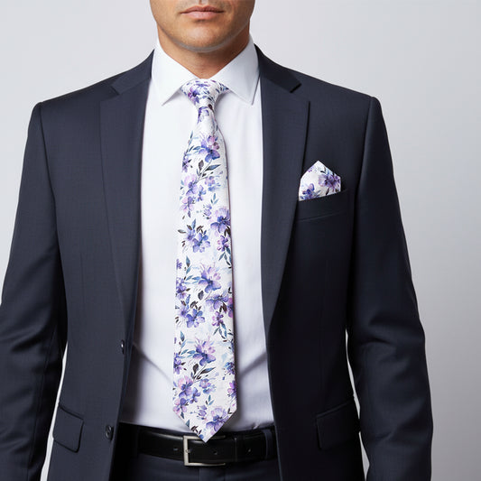 Mens Lilac Large Floral Classic Tie and Pocket Square Set