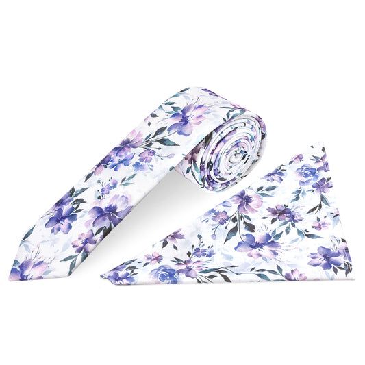 Mens Lilac Large Floral Skinny Tie and Pocket Square Set