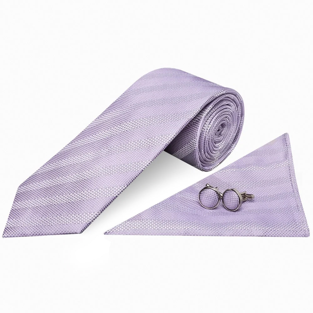 Mens Lilac Textured Stripe Silk Classic Tie Pocket Square and Cufflink Box Set