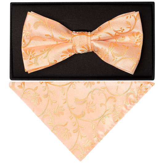 Peach Floral Handmade Mens Bow Tie and Pocket Square Set