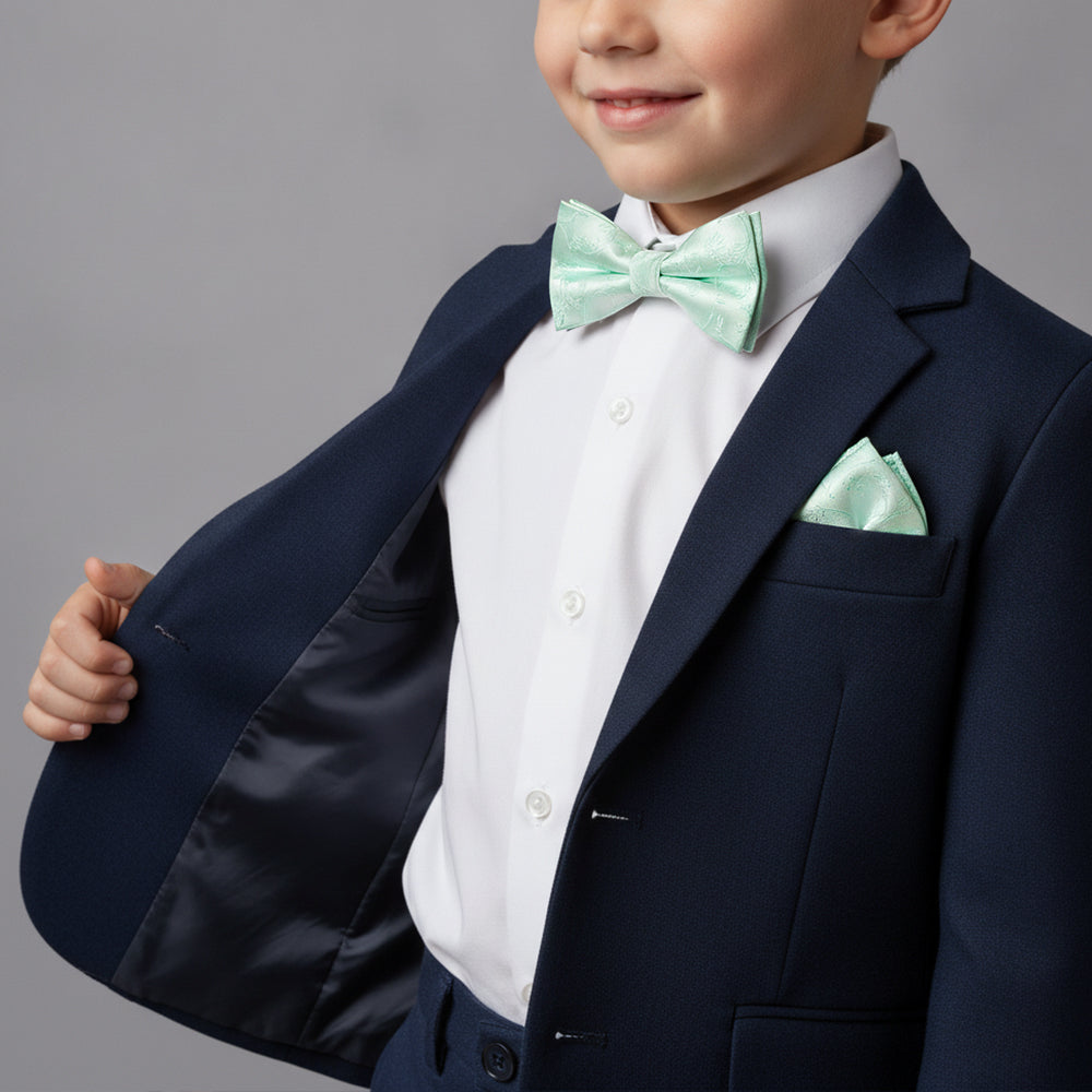 Pre Tied Mint Green Floral Boys Bow Tie and Pocket Square Set Age 4-7