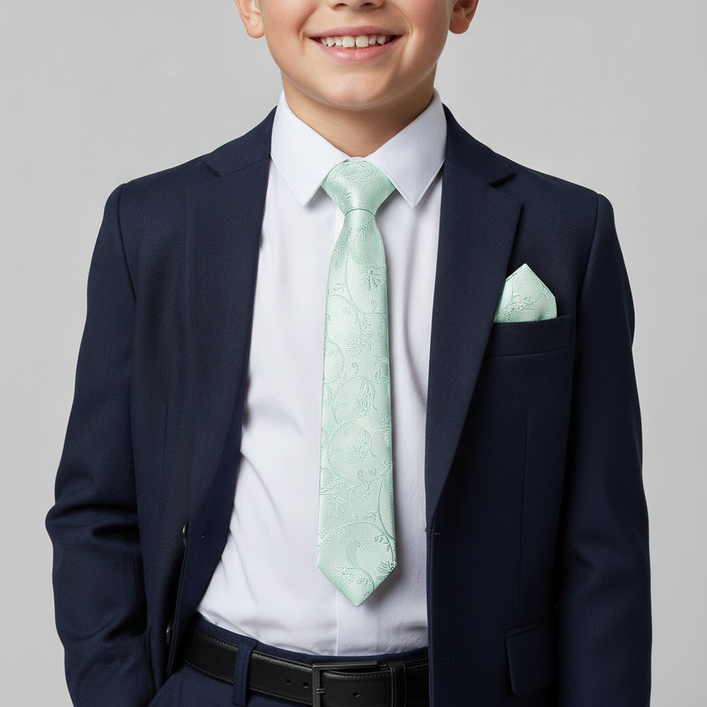 Mint Green Floral Skinny Boys Tie and Pocket Square Set
