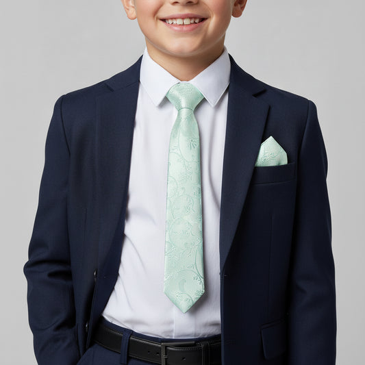 Mint Green Floral Skinny Boys Tie and Pocket Square Set