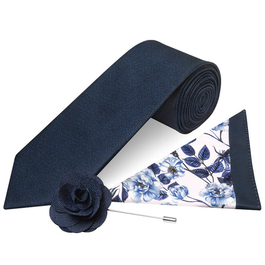 Classic Navy Mens Tie with Pocket Square and Lapel Pin Set