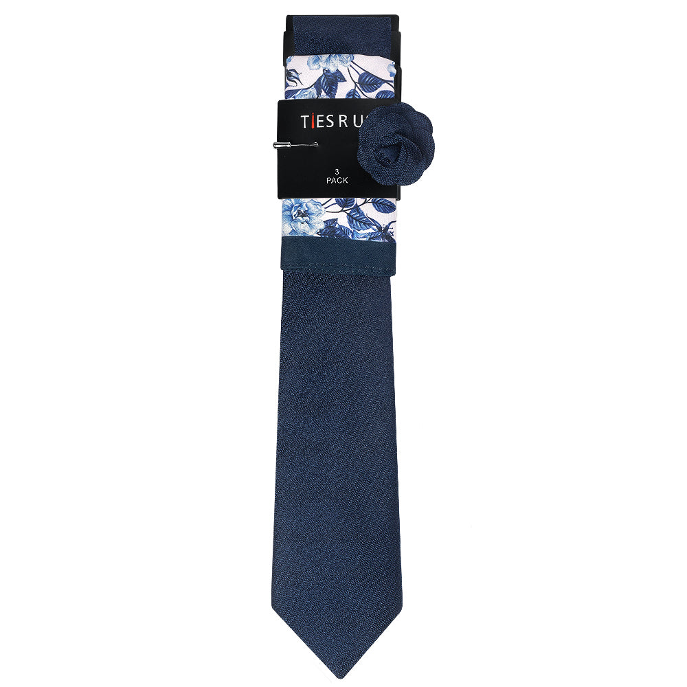 Classic Navy Mens Tie with Pocket Square and Lapel Pin Set