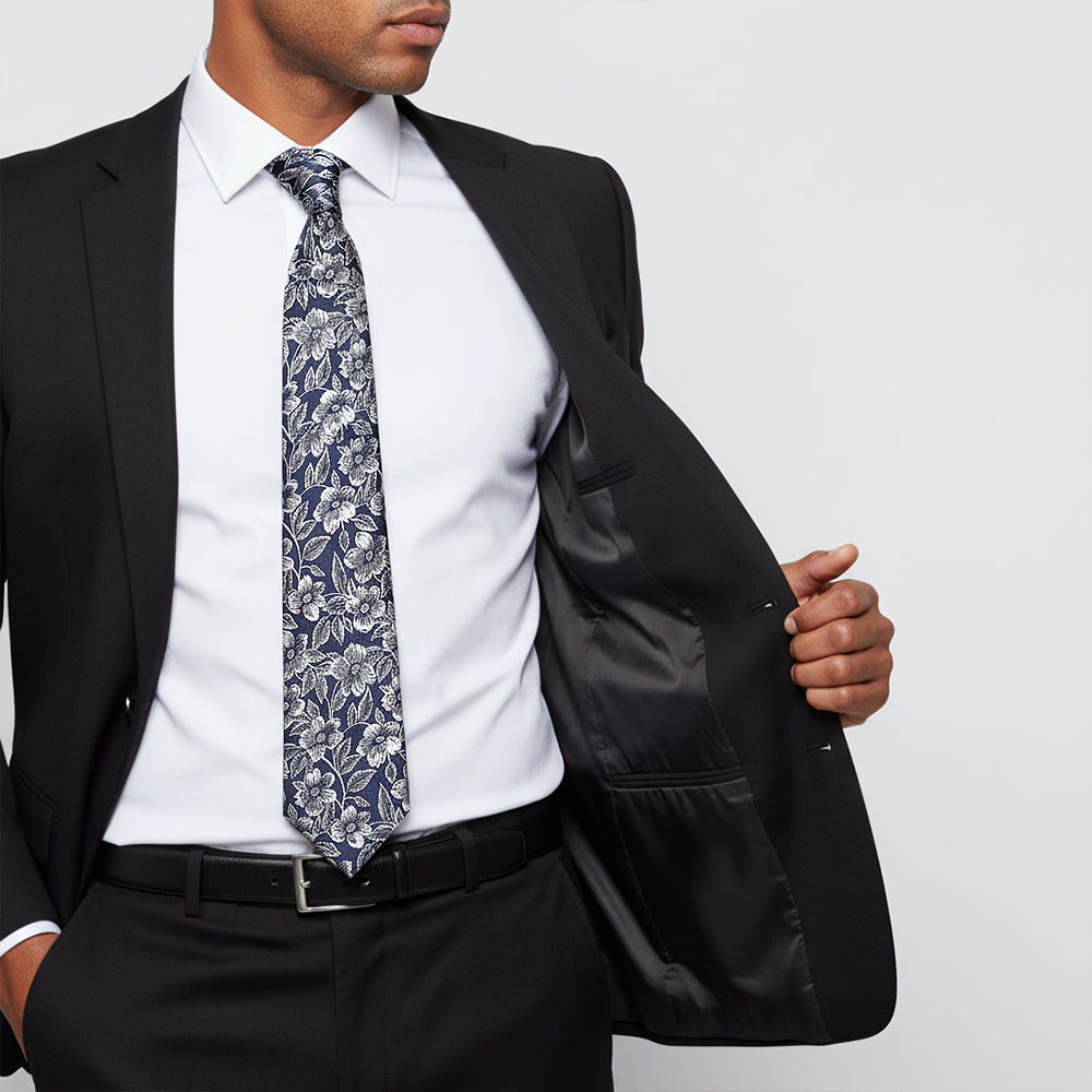 Mens Navy Floral Silk Classic Tie