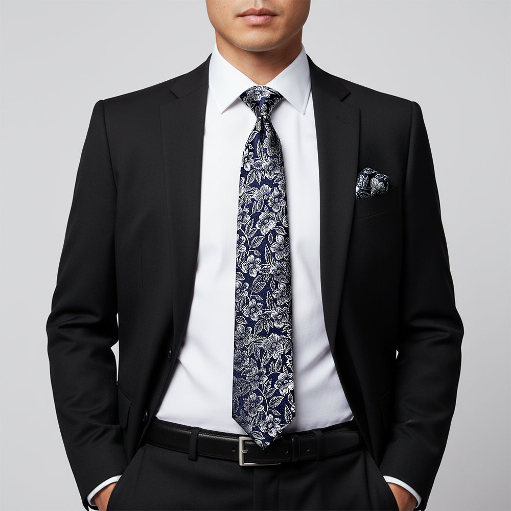 Mens Navy Floral Silk Classic Tie and Pocket Square