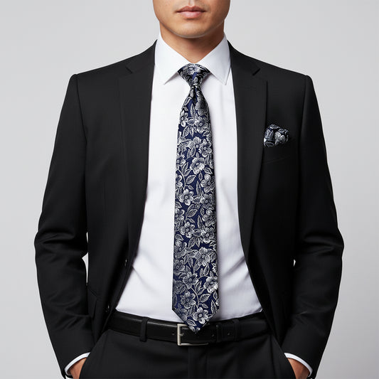 Mens Navy Floral Silk Classic Tie and Pocket Square