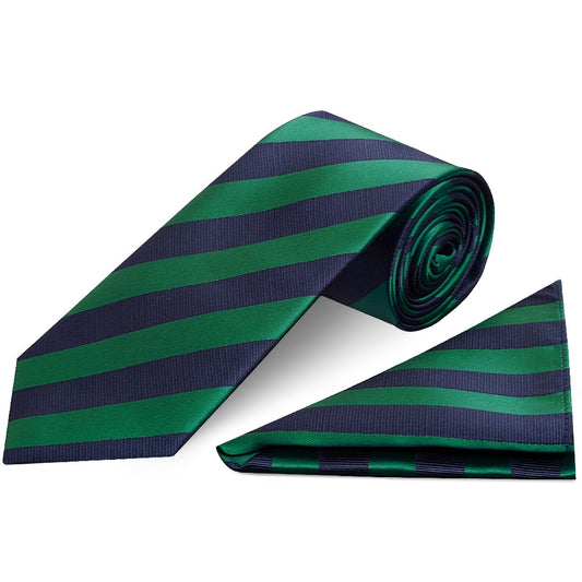 Navy and Green Striped Classic Mens Tie and Pocket Square Set