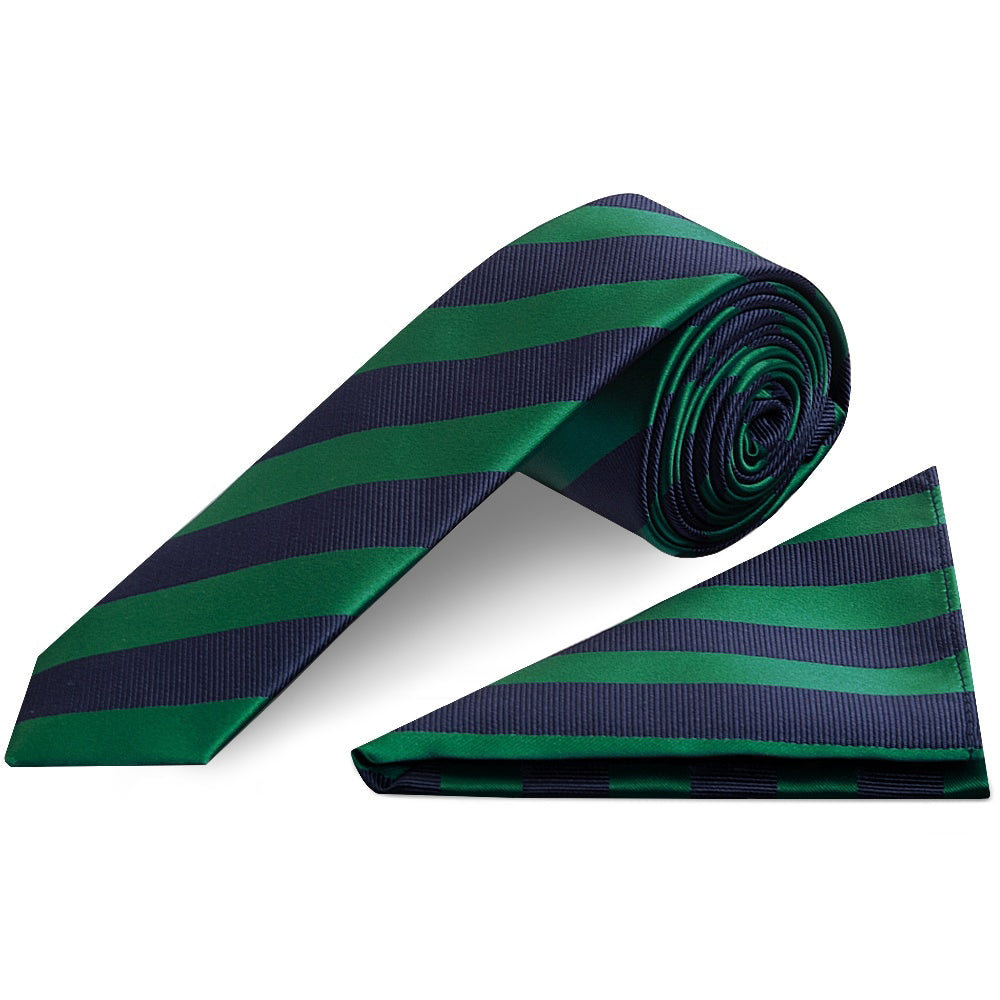 Navy and Green Striped Skinny Mens Tie and Pocket Square Set