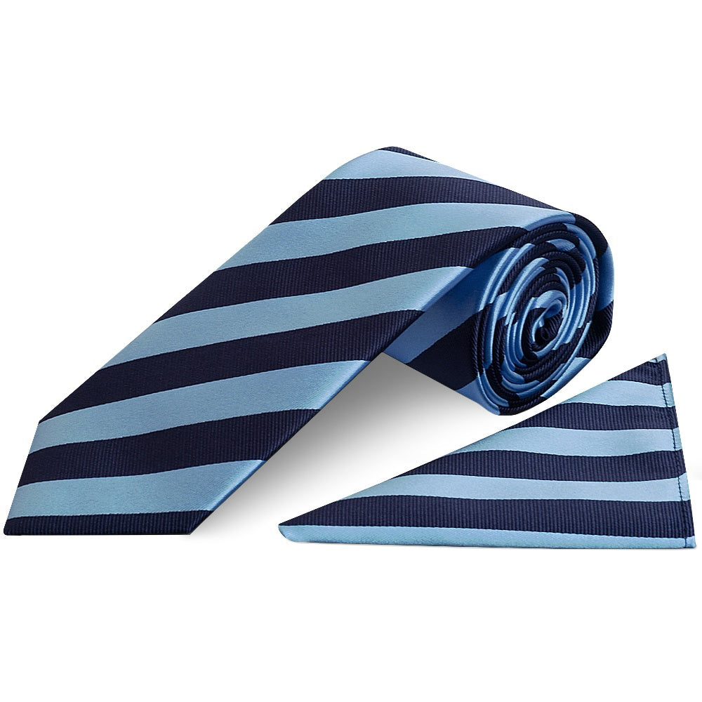 Navy and Light Blue Striped Classic Mens Tie and Pocket Square Set