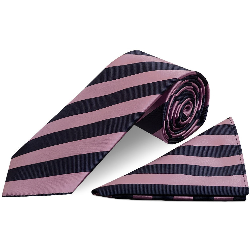 Navy and Lilac Striped Classic Mens Tie and Pocket Square Set