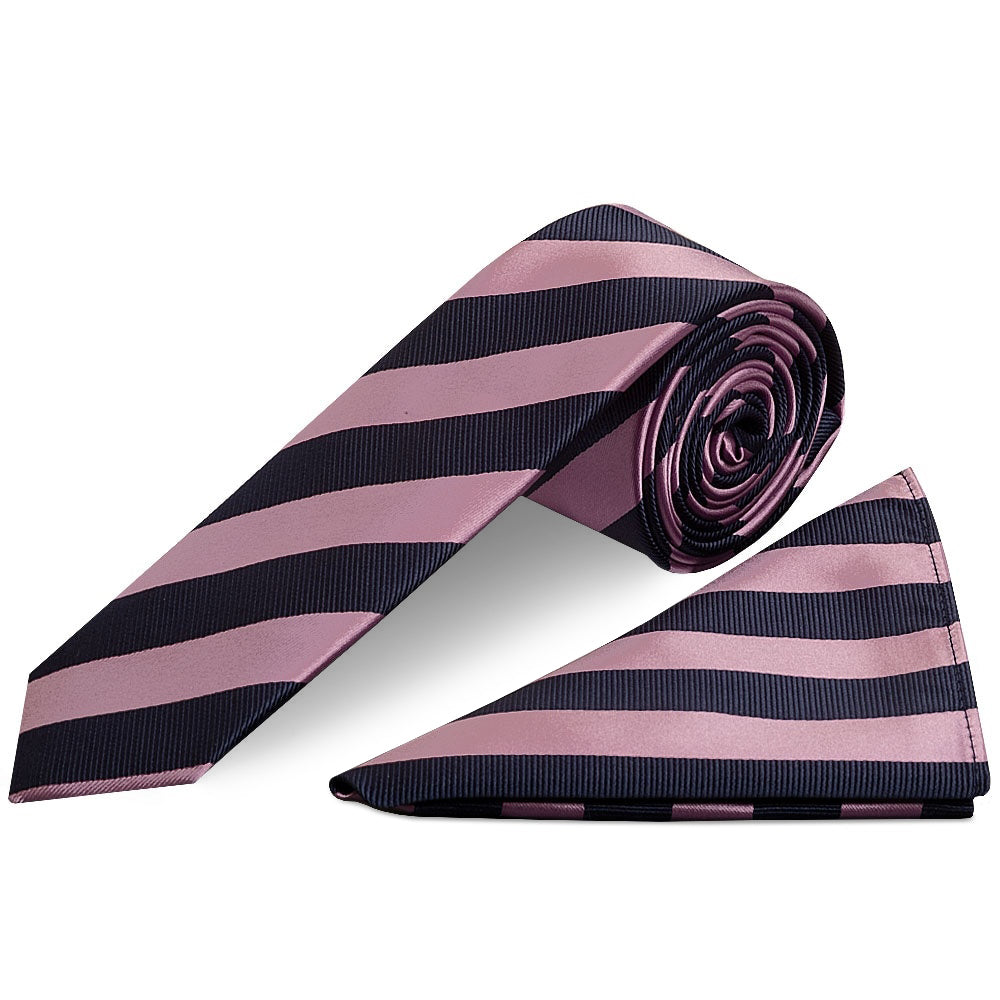 Navy and Lilac Striped Skinny Mens Tie and Pocket Square Set