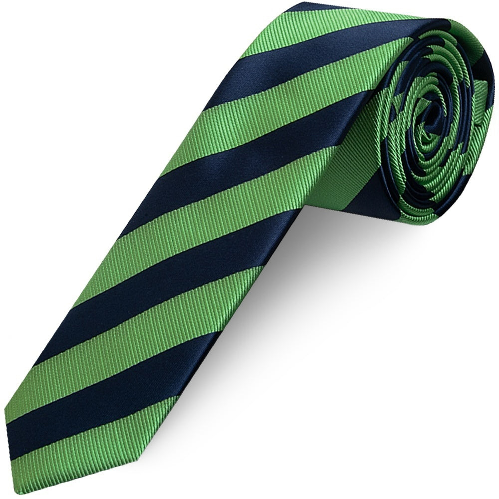 Navy and Lime Striped Skinny Mens Tie and Pocket Square Set